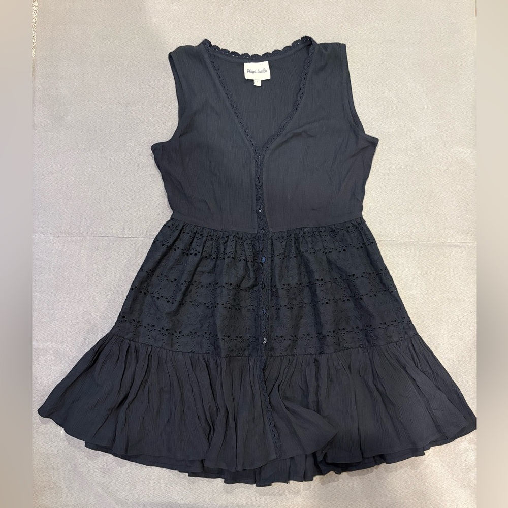 Playa Luclia Eyelet Mini‎ Dress Swim Coverup Black Gauzy Lace Women’s Small